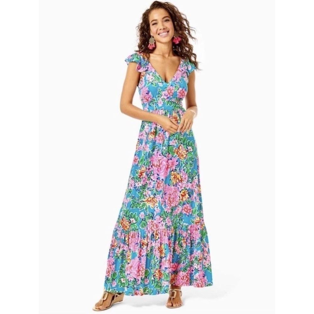 Lilly Pulitzer Vyra Ruffled Maxi Dress Jersey VNeck Floral Pink Blue Size 4 NWOT